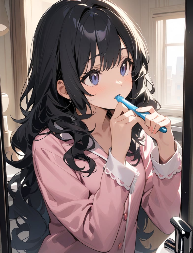 (Masterpiece, Top Quality), High Definition, Artistic Composition, 1 girl, pajamas, brushing her teeth at the sink, looking up, fringe bothering her, hand touching her fringe, looking at herself in the mirror, shaggy hair, wavy hair, morning, portrait, black hair