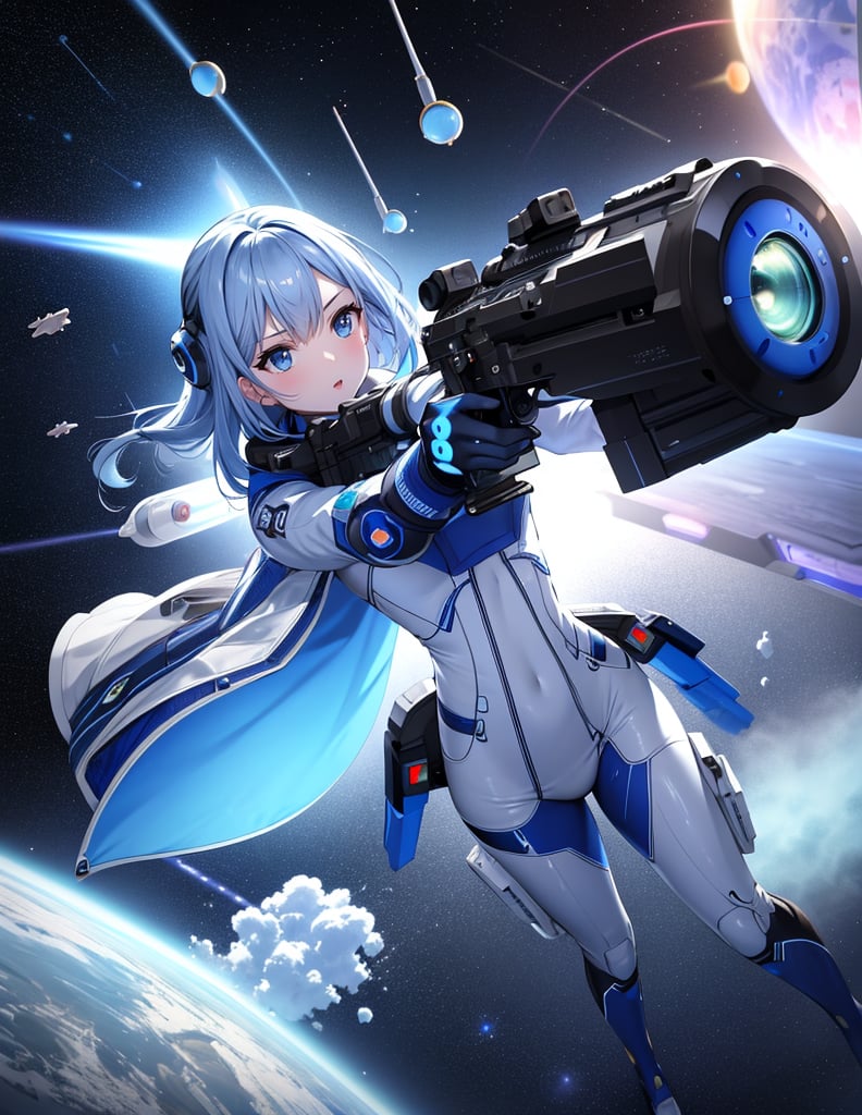 Masterpiece, Top Quality, High Definition, Artistic Composition, One girl, blue space suit, retro silver ray gun with both hands, small gun, aiming, shooting, action pose, space invaders, space base, outer space, bold composition, science fiction