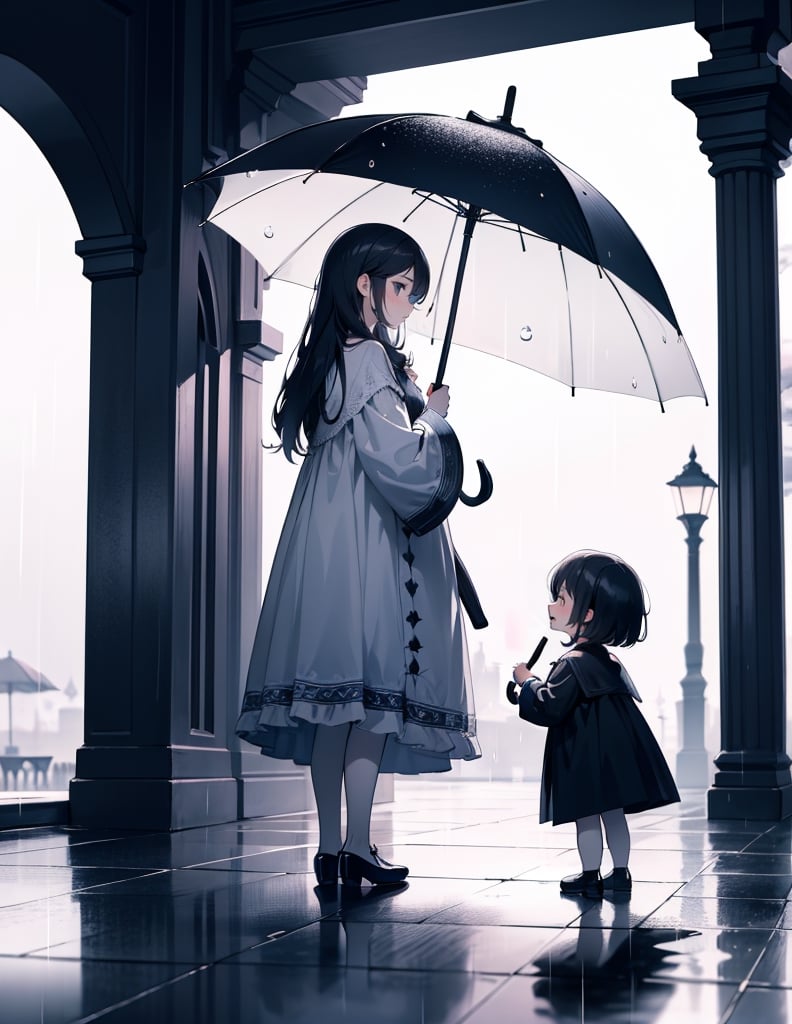 Souvenir photo masterpiece, top quality, high definition, artistic composition, 1 mother, standing with umbrella, picking up child, smiling, back view of 1 child in foreground, raining, wide shot, portrait
