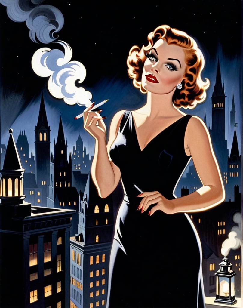 Masterpiece, top quality, high definition, artistic composition, cartoon, 1 woman, black dress, 1930s America, city at night, cigarette in mouth, smoke coming from cigarette, striking, face in darkness, gas light