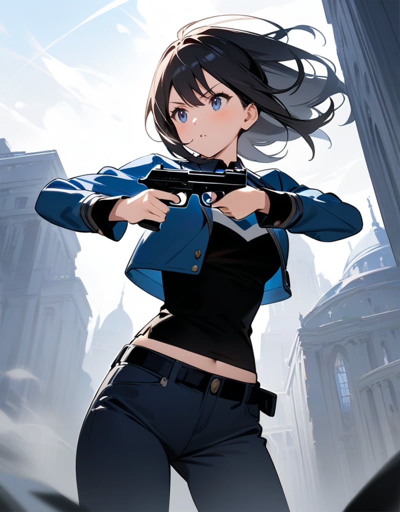 (Masterpiece, Top Quality), High Definition, Artistic Composition, 1 girl, animated, falling on her back and aiming a gun, looking away, action pose, dramatic, lively