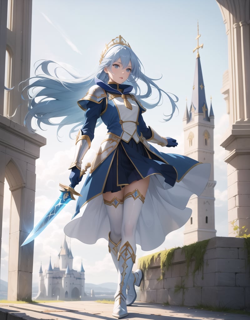 Masterpiece, Top Quality, High Definition, Artistic Composition,1 girl, blue sailor-like battle dress, stylish sword at the ready, wind blowing, clear sky, long light blue hair, gold hair ornament, warrior, fantasy, white tights, long white boots, old castle, bold composition