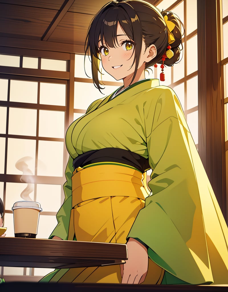 (masterpiece, top quality), high definition, artistic composition, 1 girl, dark hair, hair tied back, family restaurant clerk, smiling, Japanese family restaurant, coffee offered on table, green and yellow uniform, cute costume, from side, looking away