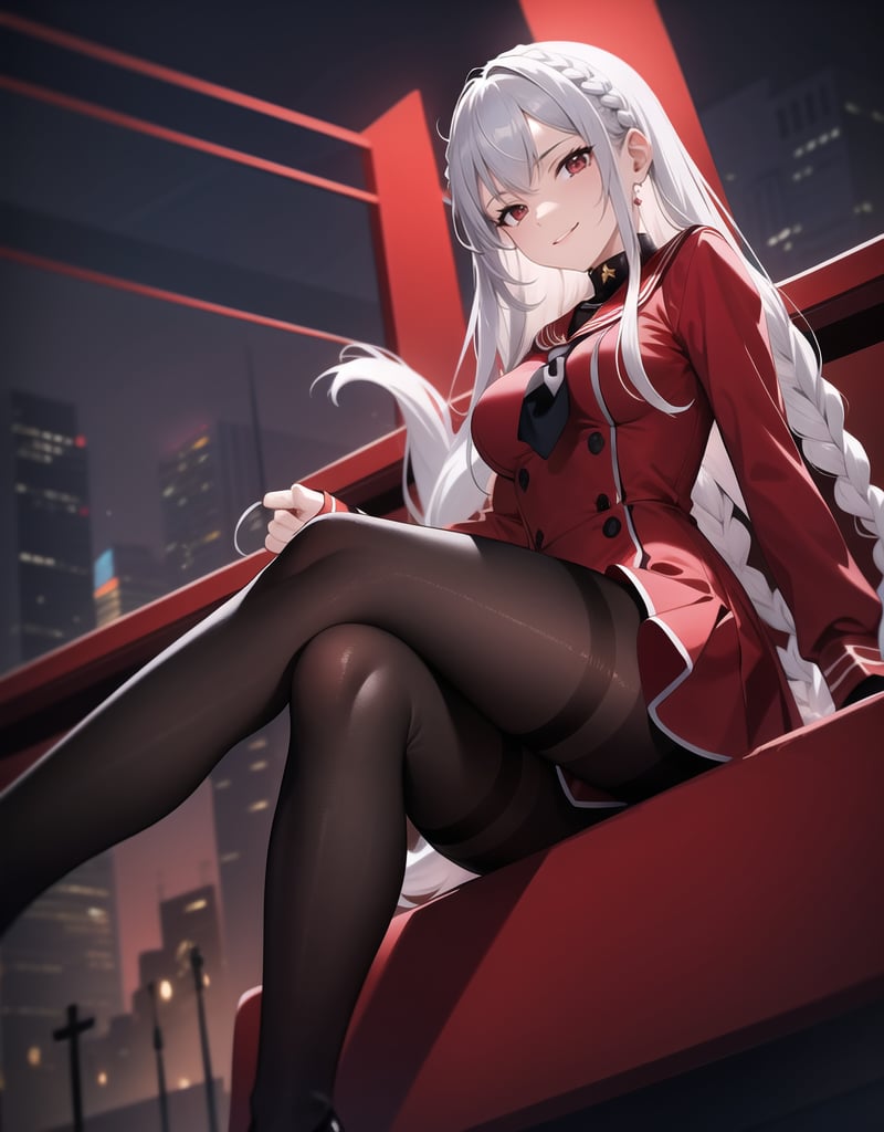 Masterpiece, Top Quality, High Definition, Artistic Composition,1 girl, red sailor suit, sitting cross-legged, from front, battle dress, braids, devilish smile, thumbs up, evening darkness, city lights, black pantyhose, stylish sword, high contrast