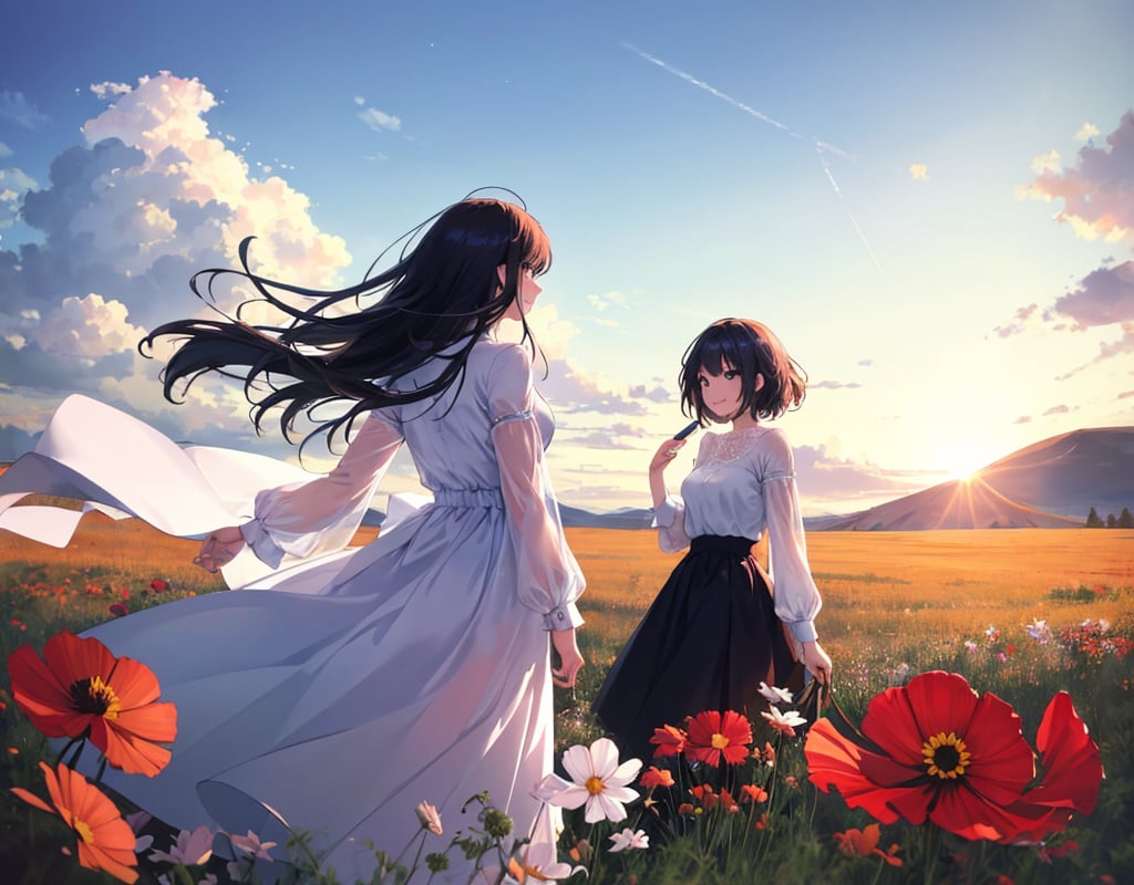 (masterpiece, top quality), high definition, artistic composition, 2 women, taking a picture, talking, looking away, white shirt, cosmos field, fall sky, from the side, looking happy, portrait, action pose, wide shot, smiling, frolicking