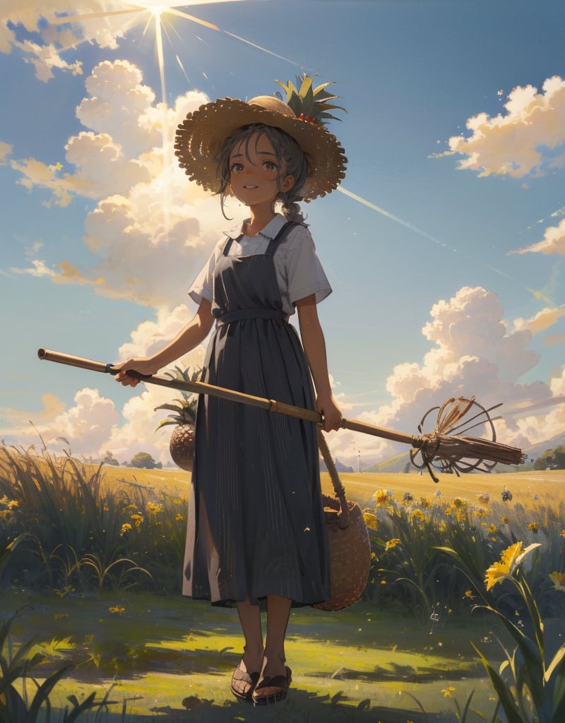 (masterpiece, top quality), high definition, artistic composition, 1 girl, pineapple field, standing tall, wearing gray work clothes, straw hat, holding hoe, looking up to heaven, smiling, wiping sweat from forehead, hair tied back, healthy, striking light, portrait, bold composition, from below, Looking away, full body, at work
