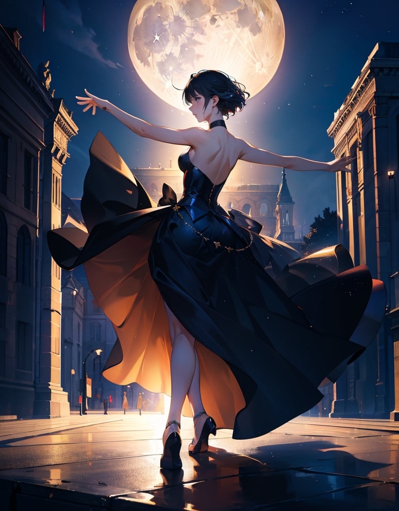 masterpiece, top quality, high definition, artistic composition, animation, France, one woman, dancing ballet, outdoor stage, big moon, spotlight, action pose, dynamic composition, striking light