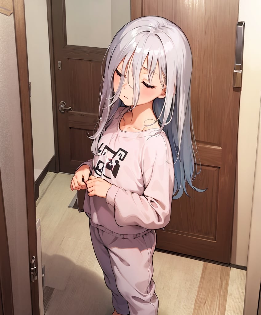 Masterpiece, Top Quality, High Definition, Artistic Composition, 1 girl, loungewear, bedroom, standing with door open, morning, sleepy, portrait, urban, Japan, sleepyhead, looking at me, from above, scratching head with hand, mature