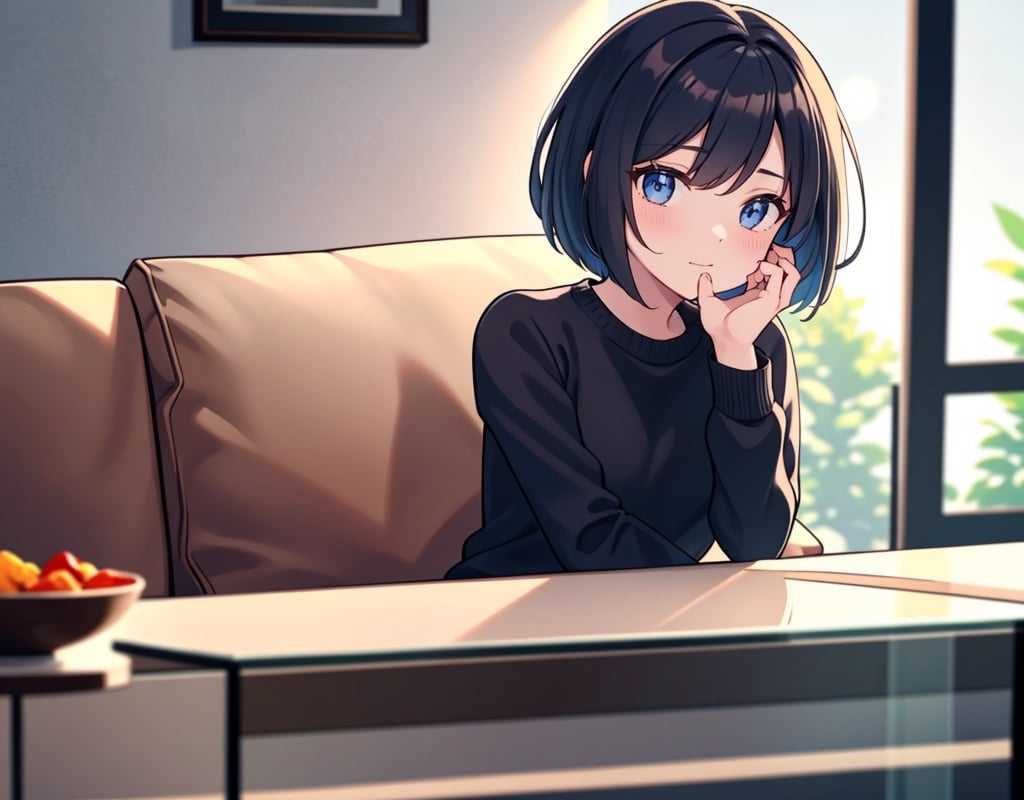 masterpiece, top quality, artistic composition, realistic, 1 girl, bob cut, sitting on couch, leaning forward, eating snacks, smiling with mouth open, living room, focus on face, glass table, composition from above, portrait, looking away, dutch angle,<lora:659111690174031528:1.0>