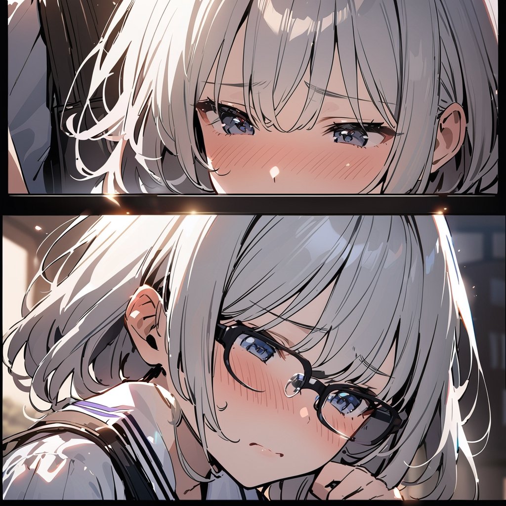 Masterpiece, Top quality, One Woman, Cinematic lighting, Flat chest, Tired expression, Blushing, Embarrassed, Hands folded, Looking down, Black rimmed glasses, Shiny hair, White sailor suit, Summer dress, School uniform, Top composition, Face close-up, High definition, Japan, Schoolbag, Black schoolbag




,masterpiece,best quality