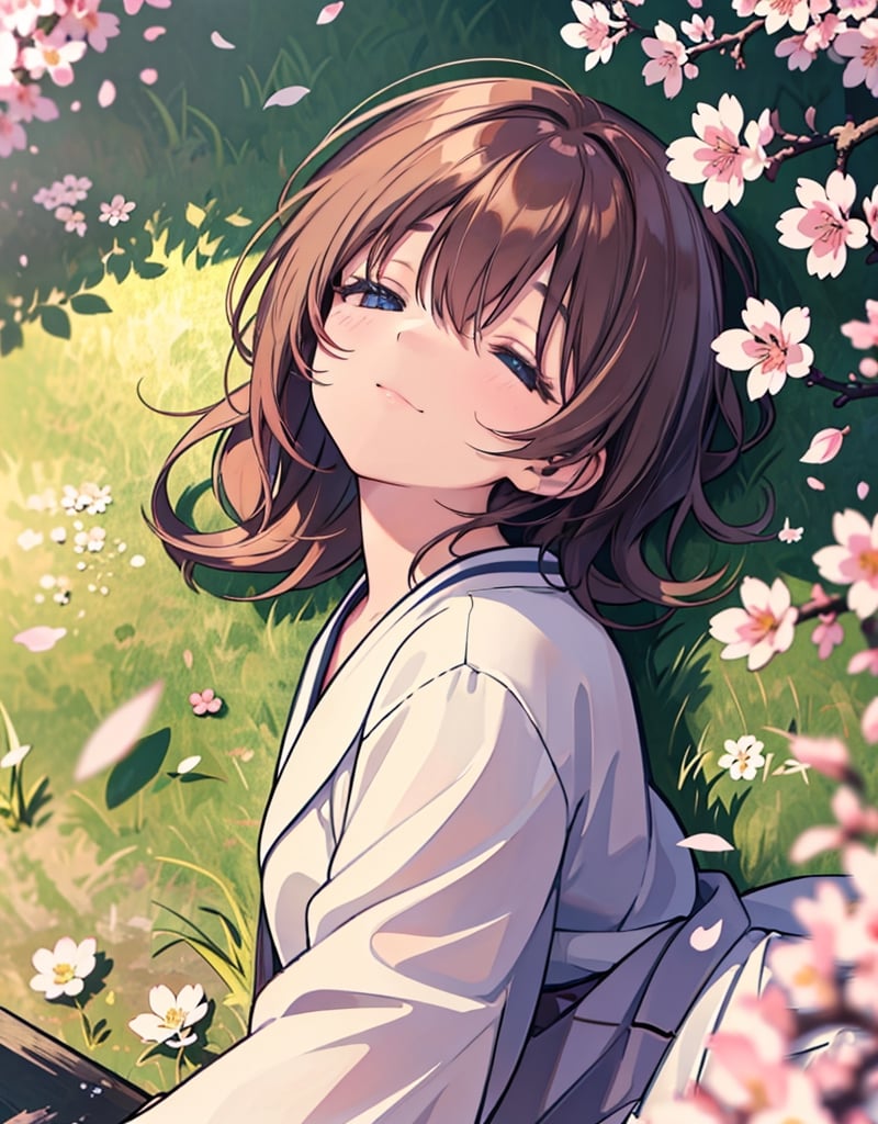  Masterpiece, best quality, high quality, artistic composition, one woman, animation, overhead shot, sleeping with eyes closed, resting, leaning back, mature, 18 years old, smile, casual fashion, Japan, high definition, cherry blossom frame, portrait, wide shot, grass, petals dancing, warm sunlight, dutch angle, blur, perspective
,<lora:659111690174031528:1.0>