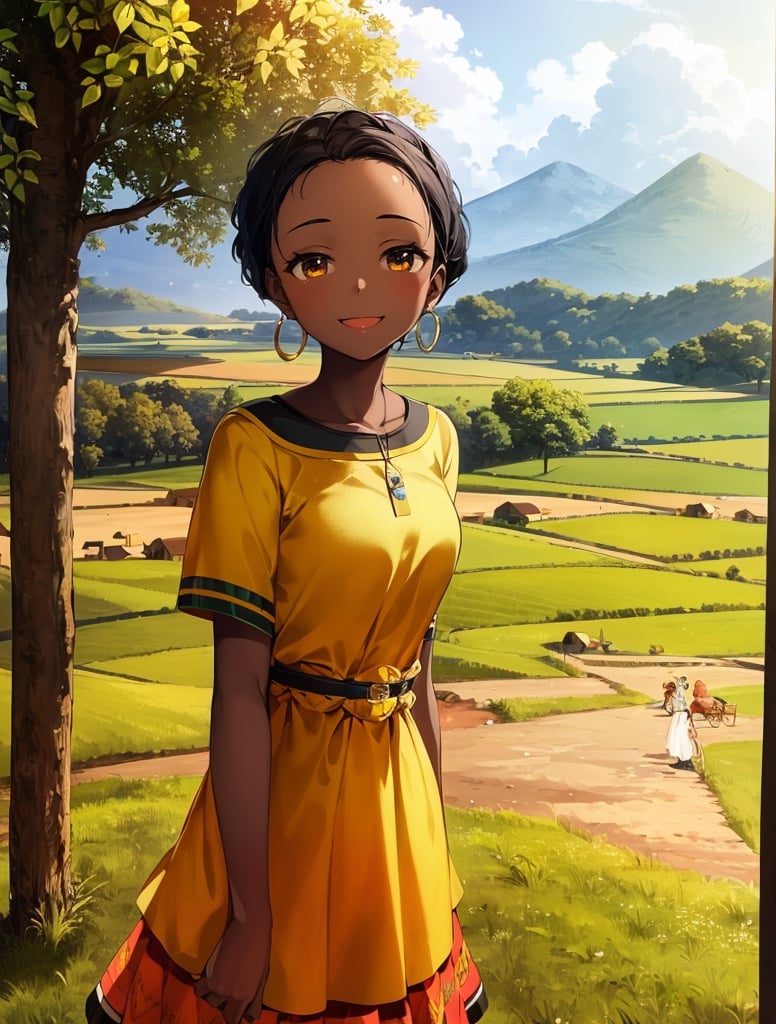 masterpiece, top quality,khange, tanzanian girl, one girl, smiling, cheerful, tanzanian rural landscape, tanzanian national dress, high definition