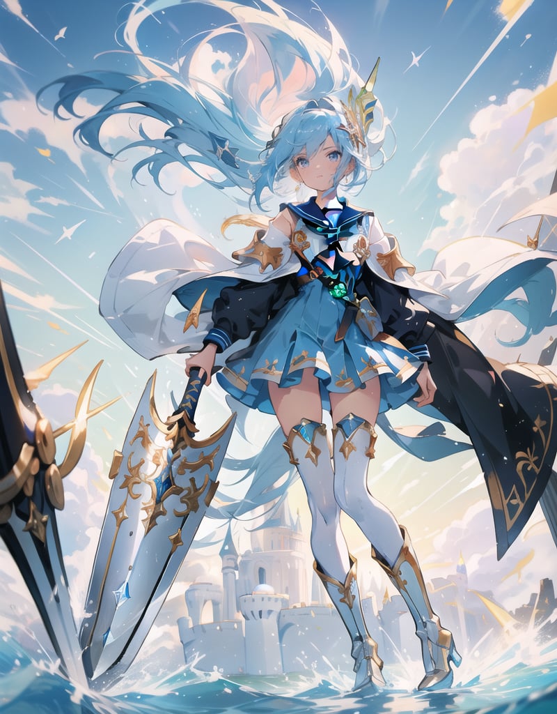 Masterpiece, Top Quality, High Definition, Artistic Composition,1 girl, blue sailor-like battle dress, stylish sword at the ready, wind blowing, clear sky, long light blue hair, gold hair ornament, warrior, fantasy, white tights, long white boots, old castle, bold composition