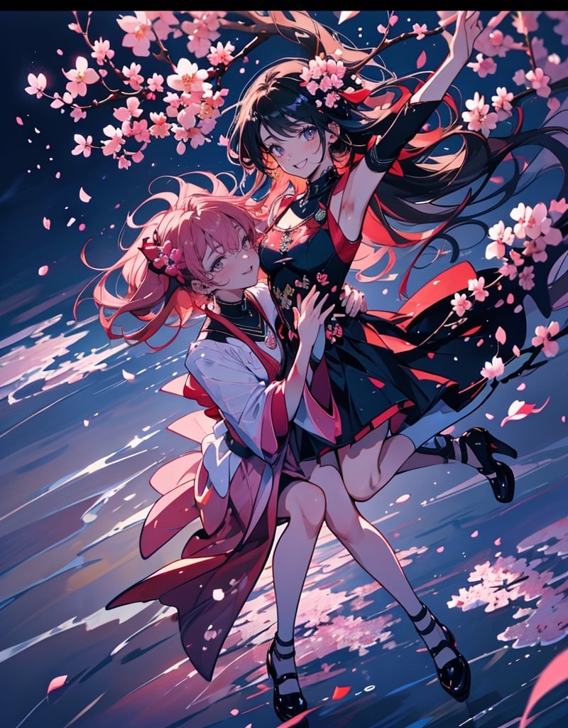  Masterpiece, top quality, high quality, artistic composition, two women, looking up, smiling, dazzling, from above, cherry blossom frame, petals dancing, striking, dramatic, holding up hand,<lora:659111690174031528:1.0>
