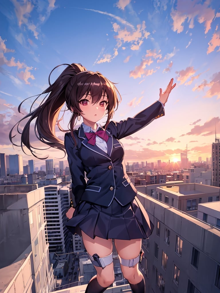 Masterpiece, top quality, 1 girl, jumping, beautiful background, cityscape, building rooftop, blazer, uniform, school uniform, legs bent, ponytail, sports bag, fish-eye lens, high definition, artistic composition, fantasy, sunset, perspective,best quality