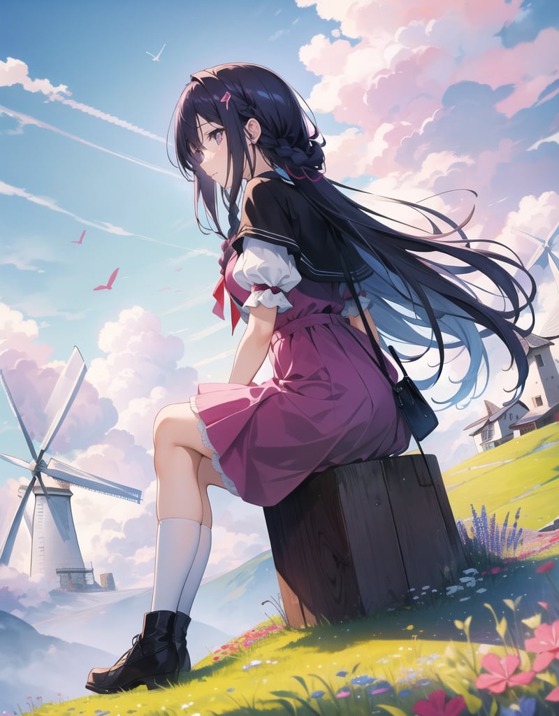 Masterpiece, Best Quality, High Definition, Artistic Composition,1 girl, meadow, sitting sideways, yokozuwari, magenta dress, braids, looking away, wind blowing, giant windmill, blue sky, white clouds, wide shot