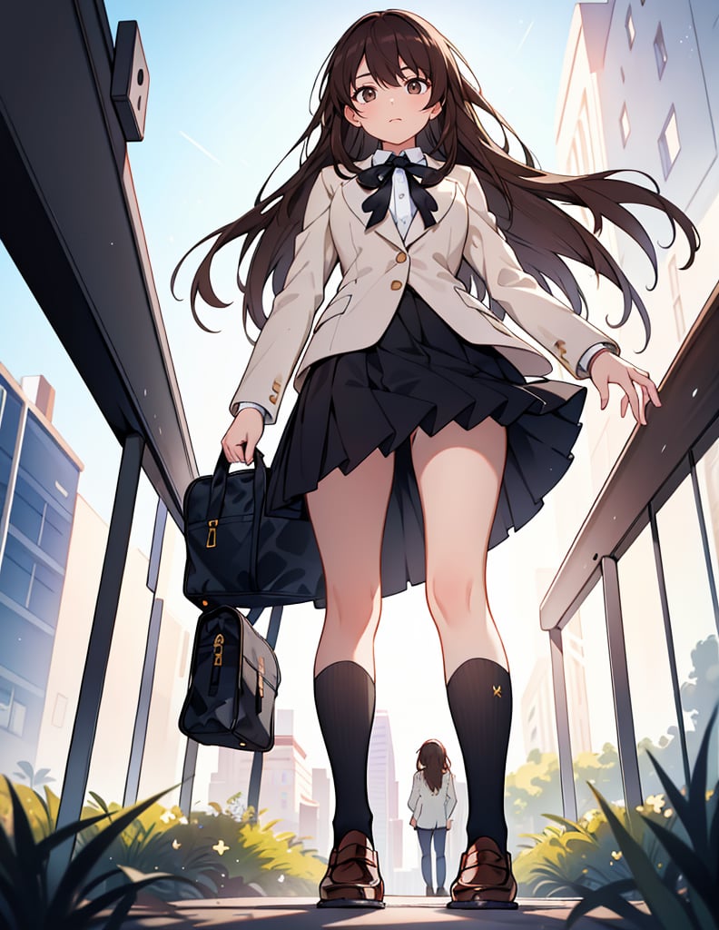 Masterpiece, Top Quality, High Definition, Artistic Composition,1 girl, brown hair, from below, standing on a hill, backlit, striking light, white blazer, school uniform, on her way to school, looking at me, black hair, long hair - standing tall, young lady, black ribbon, portrait, bold composition, Full body, Loafers