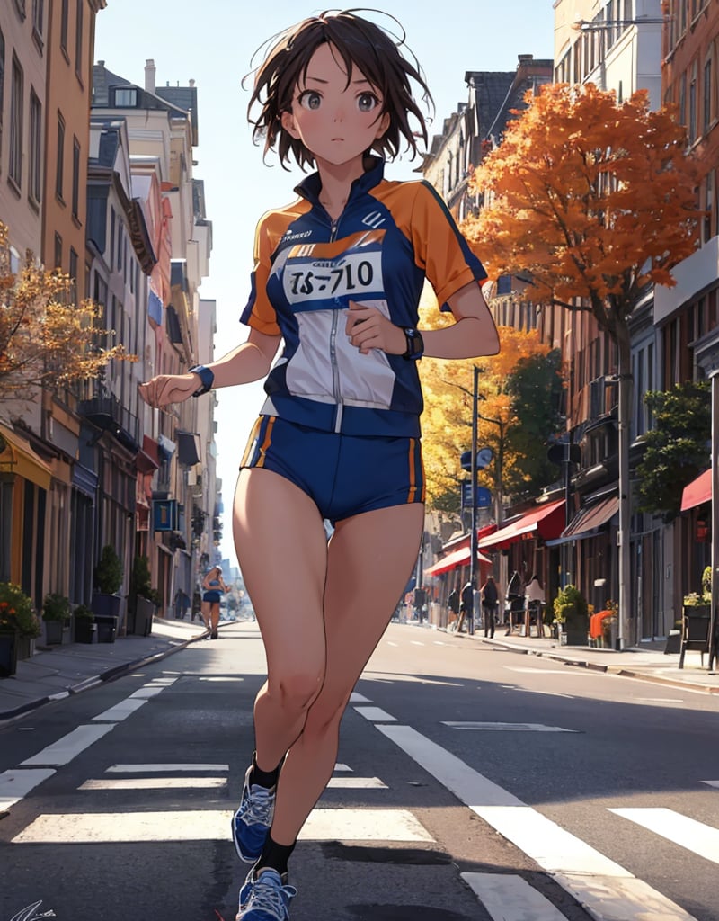 (Masterpiece, Top Quality), High Definition, Artistic Composition, 1 woman, marathon uniform, running shoes, running a marathon, running, short hair, looking away, tree-lined street, fall, from below, emphasis on feet, bold composition, sense of speed, Dutch angle, motion blur, lively, perspective, from front