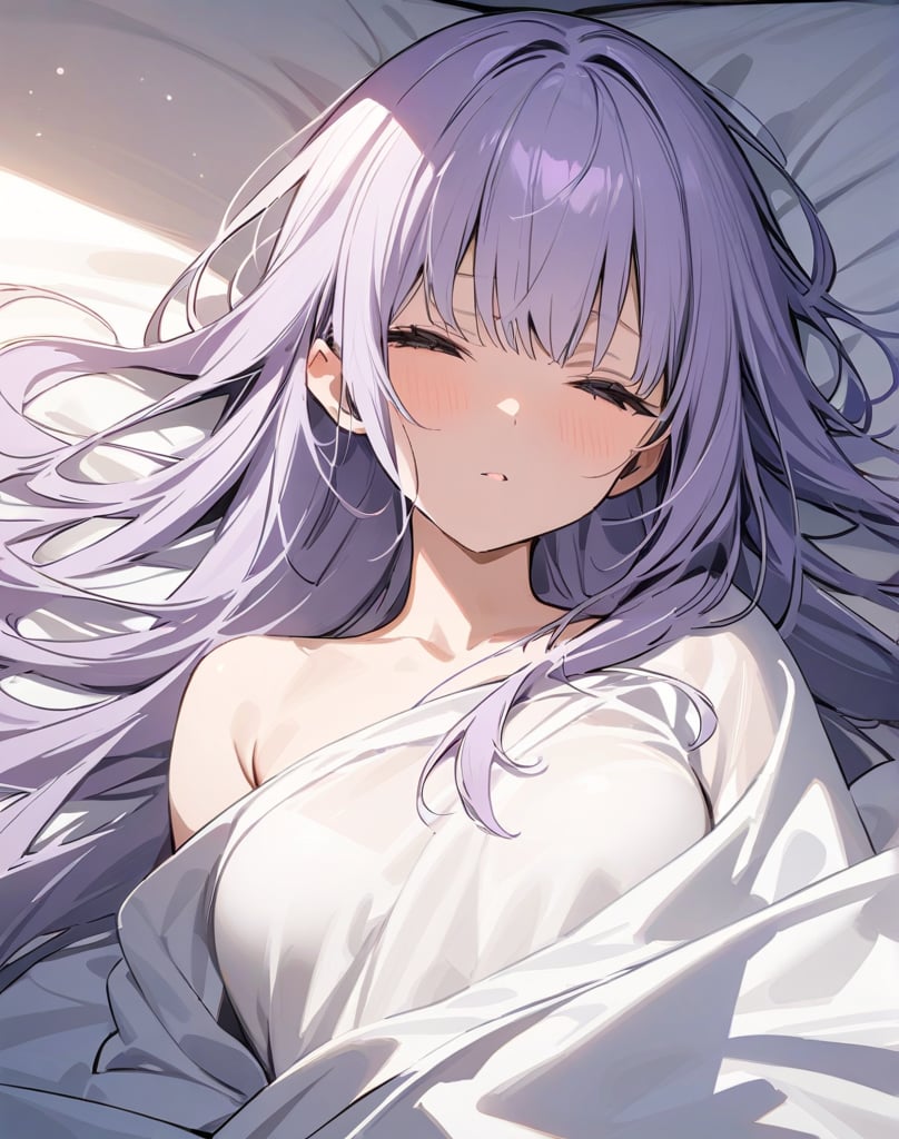 Masterpiece, Top Quality, High Definition, Artistic Composition,1 girl, light purple hair, long hair - thin eyes open, sleepy, morning sun, bed, wrapped in sheets, elegant, beautiful morning, from above, lying in bed,
