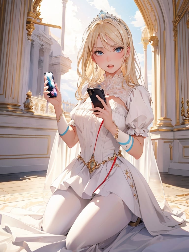 Masterpiece, Top Quality, 1 girl, (Operating Smartphone:1.3), staring at Smartphone, blonde, angry, kneeling, teeth clenched, gorgeous white dress, tiara, in palace, beautiful light blooming, fantasy, high definition, artistic composition, cowboy shot