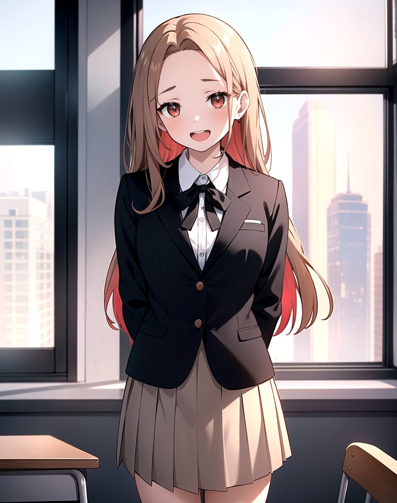 (masterpiece, top quality), high definition, artistic composition, 1 girl, high school student, beige blazer, black ribbon, red and black checked skirt, standing in front of window with hands behind her back, classroom, laughing, troubled, blushing, broad forehead, hairpin, something hidden behind body, portrait, bold Composition