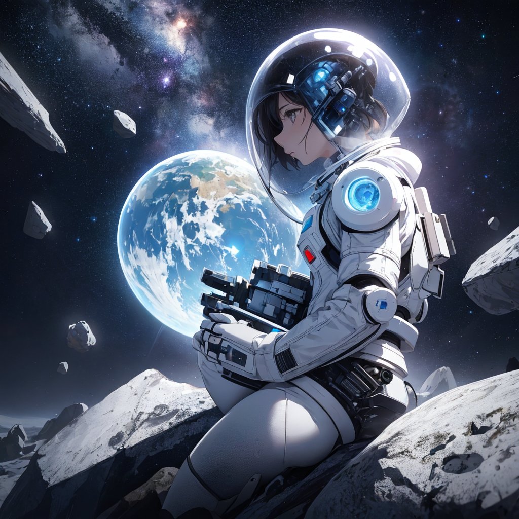 (Masterpiece, Top Quality), High Definition, Artistic Composition, 1 Woman, White Space Suit, Aboard Human Commuter, Floating in Space, Side View, Piloting, Asteroid, Many Small Rocks Floating, Side View, Looking Away, Impressive Light, Dark Space, Near Future, Robot with Limbs