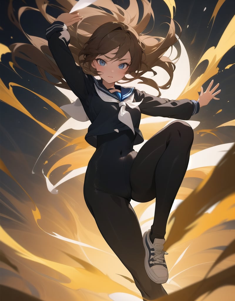 (Masterpiece, Top Quality), High Definition, Artistic Composition, 1 girl, spinning, jumping, action pose, twisting, brave, hair dancing in wind, sailor uniform, school uniform, big catsuit, lively, dark background, blurred background, black pantyhose, blue sneakers, kick