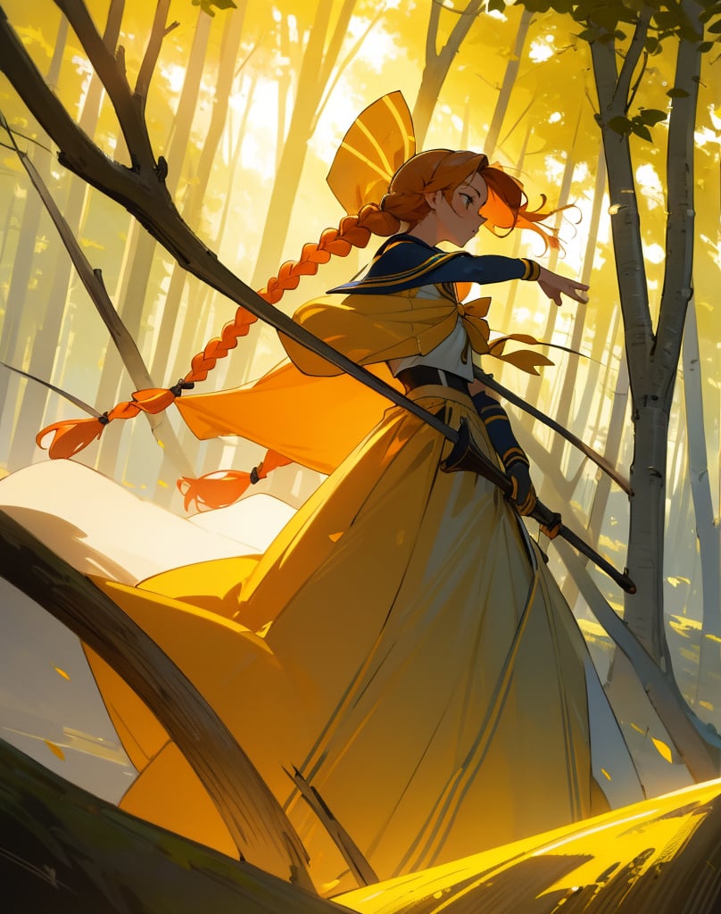 (masterpiece, top quality), high definition, artistic composition, 1 woman, yellow sailor-like battle dress, warrior, holding large stylish bow, woods, striking light, sunlight filtering through trees, high contrast, bold composition, orange hair, long braids, fantasy, stalking prey, ruins