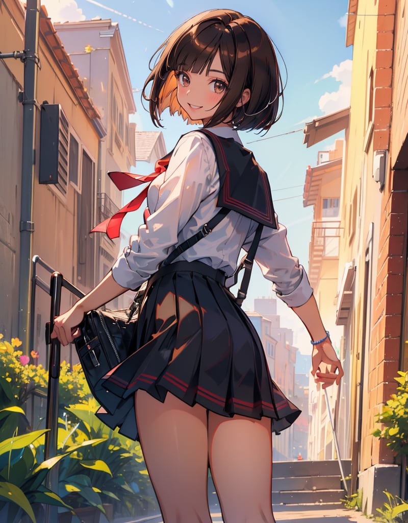 (masterpiece, top quality), high definition, artistic composition, 1 girl, , bob cut, brown hair, school uniform, checked skirt, smiling, Looking back,  Summer.