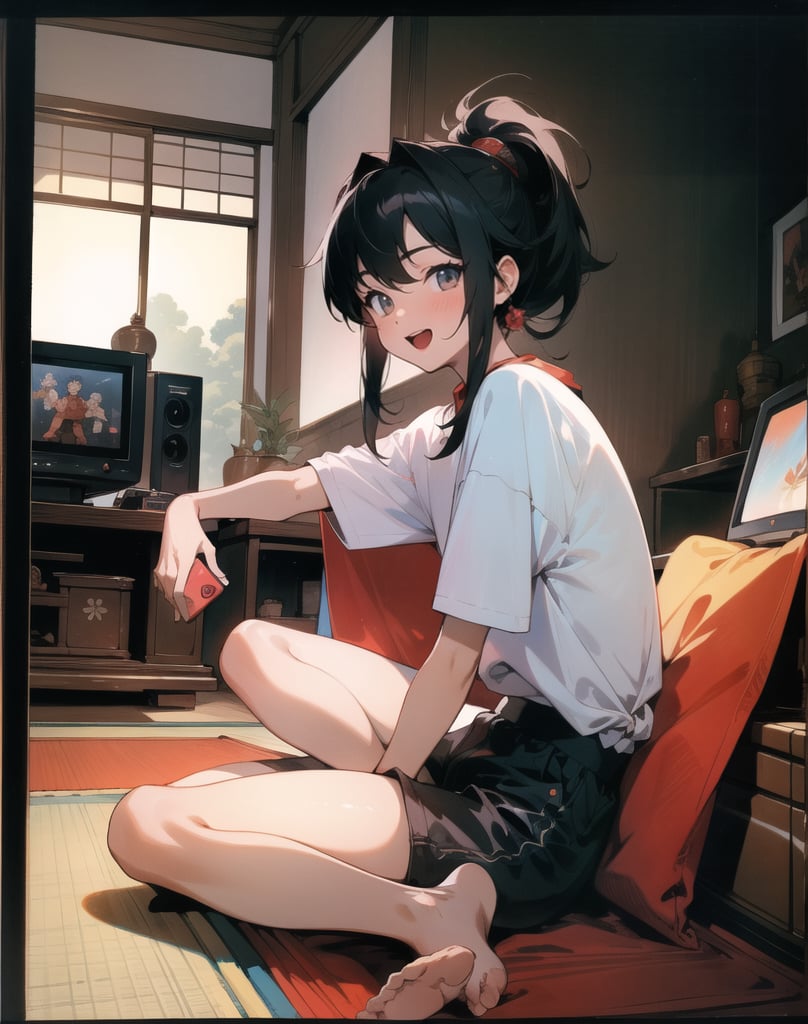 Masterpiece, Top Quality, High Definition, Artistic Composition,1 girl, Japanese living room, indian style, sitting, playing video game, NES, small CRT TV, dark room, portrait, gamepad in hand, open mouth smiling, 1990 Japan, from side , T-shirt, shorts, holding out gamepad