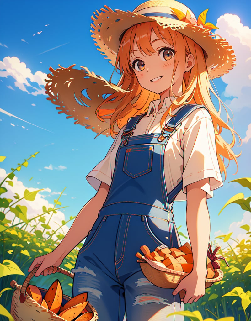 (masterpiece, top quality), high definition, artistic composition, 1 girl, smiling, harvesting sweet potatoes, denim overalls, beige innerwear, straw hat, sweet potato field, blue sky, nature, from below, sweet potato and vine in hand