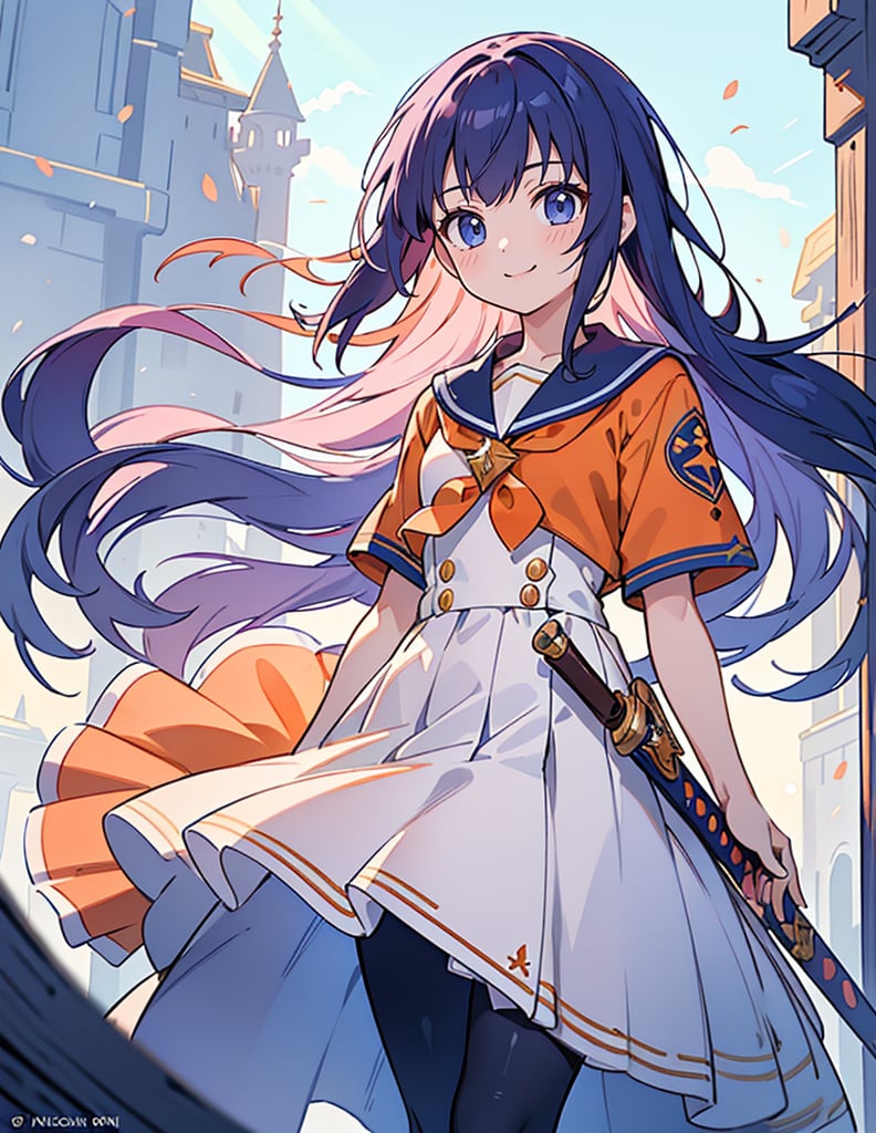 (Masterpiece, Top Quality), High Definition, Artistic Composition, 1 girl, smiling, orange sailor suit, fantasy light armor, cool sword, looking away, composition from below, indigo hair, staring into distance, wind blowing, anime, battle dress