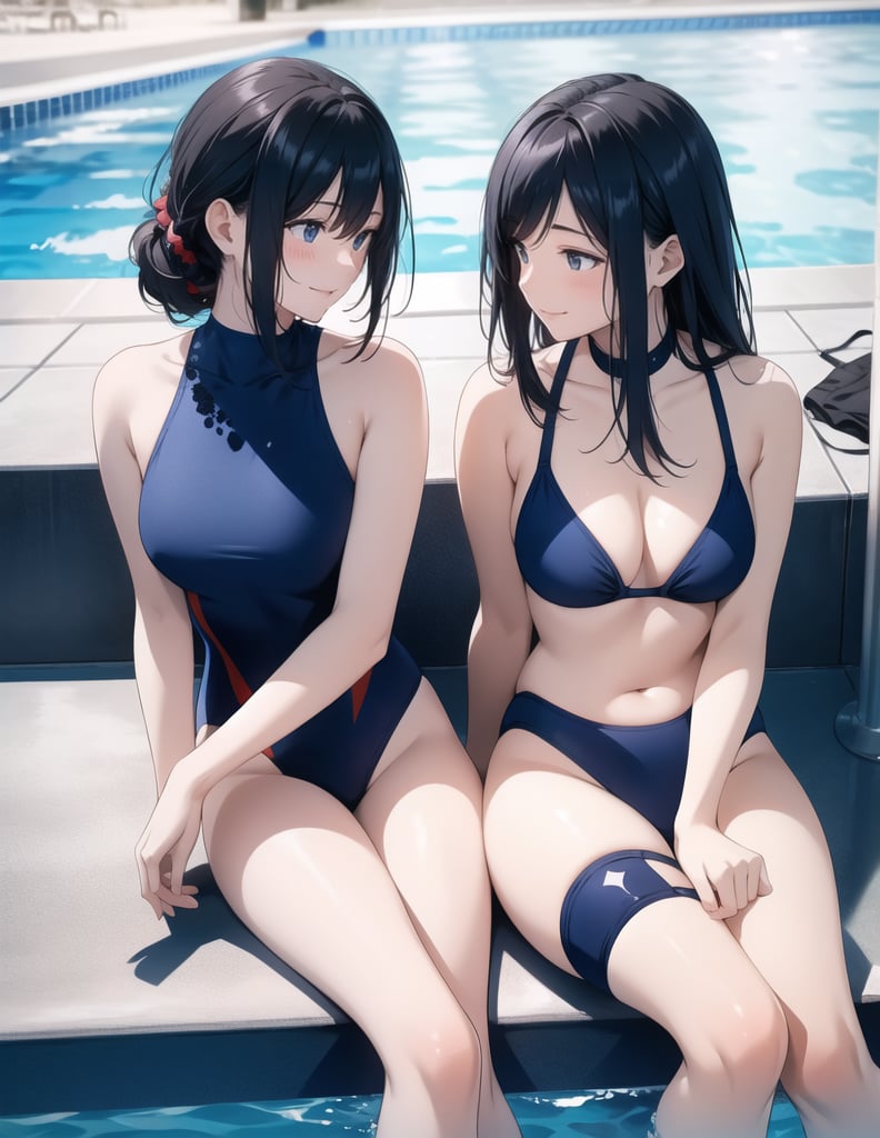 Masterpiece, Top quality, High definition, Artistic composition, 2 girls, smiling, talking, girlish gestures, sitting by the pool, looking away, navy blue swimsuit, looking happy, bold composition