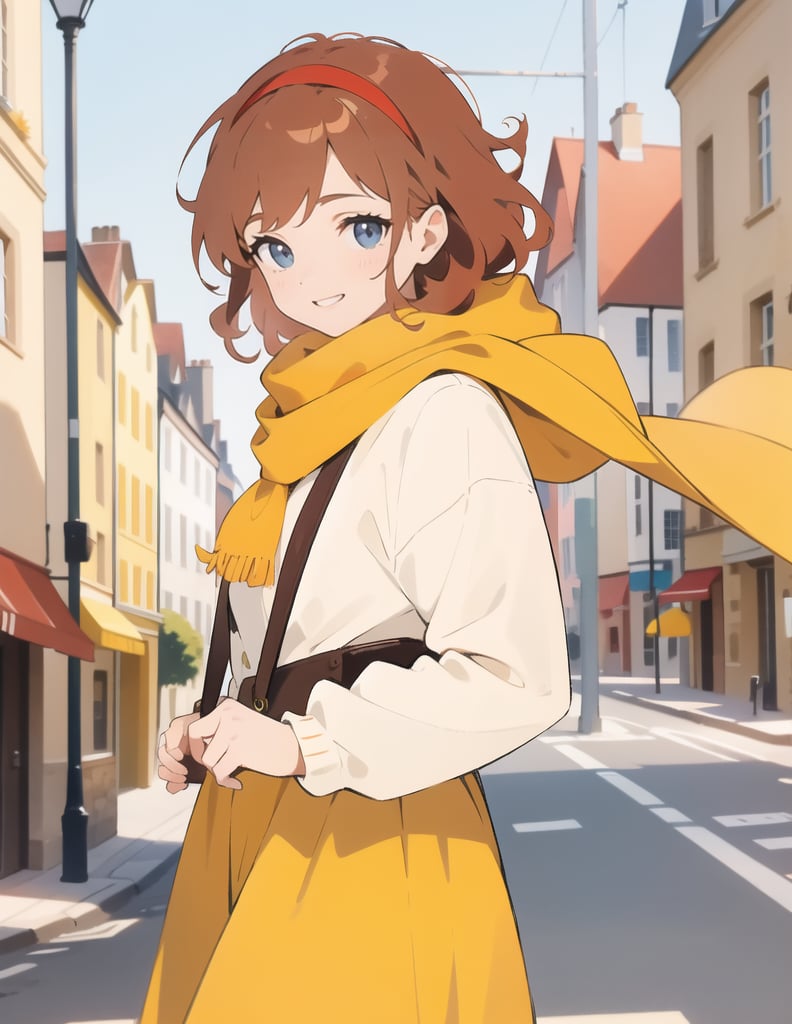 Masterpiece, Top Quality, High Definition, Artistic Composition,1 Girl, French Girl, (light brown medium hair), One Curl Outer Winding, (red hair band), big eyes, smiling, red and yellow French casual, yellow scarf, French town, walking, portrait, blue eyes, cowboy shot.