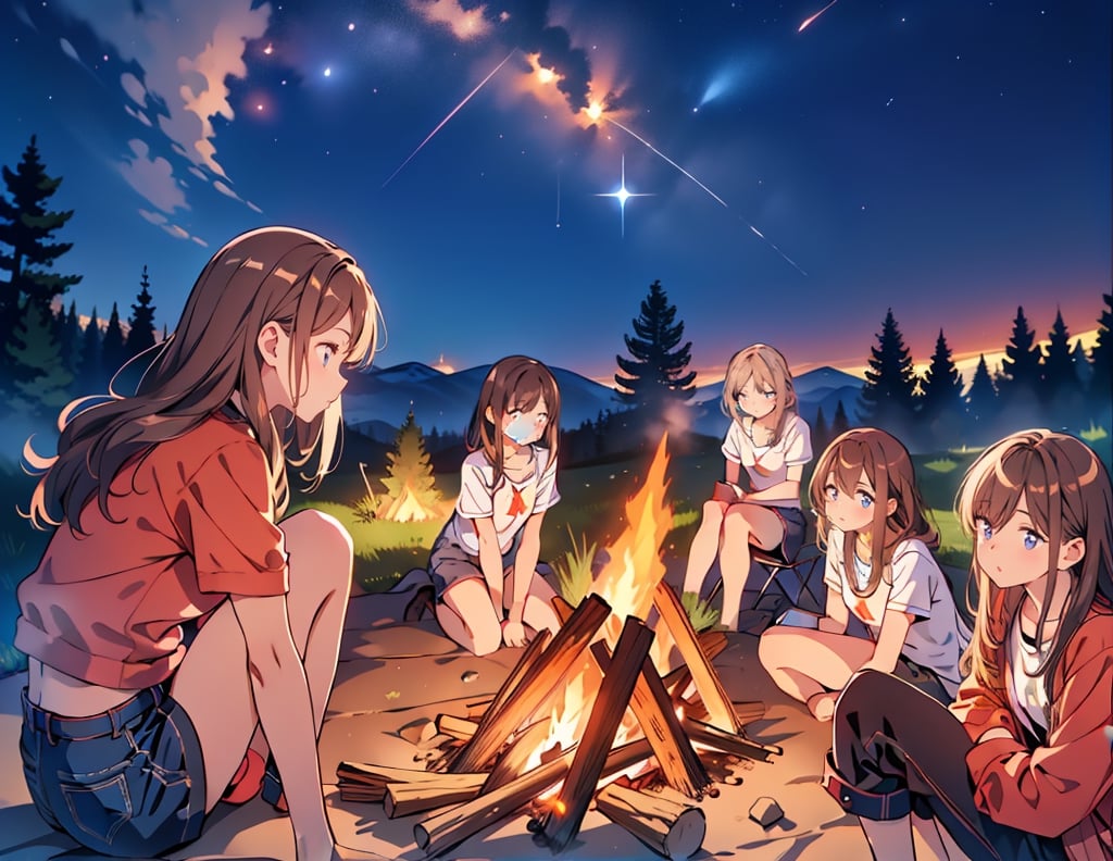 Masterpiece, top quality, high definition, artistic composition, realistic, several girls around one bonfire, (small bonfire), camping, fun, starry sky, nature