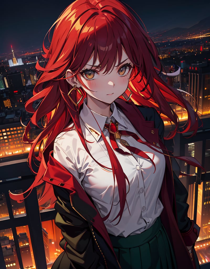 Masterpiece, top quality, high definition, artistic composition, 1 girl, angry, arms crossed, from above, from front, close-up of face, red rouge, golden earrings, (dark green jacket), white shirt, night city, city lights, bold composition, powerful