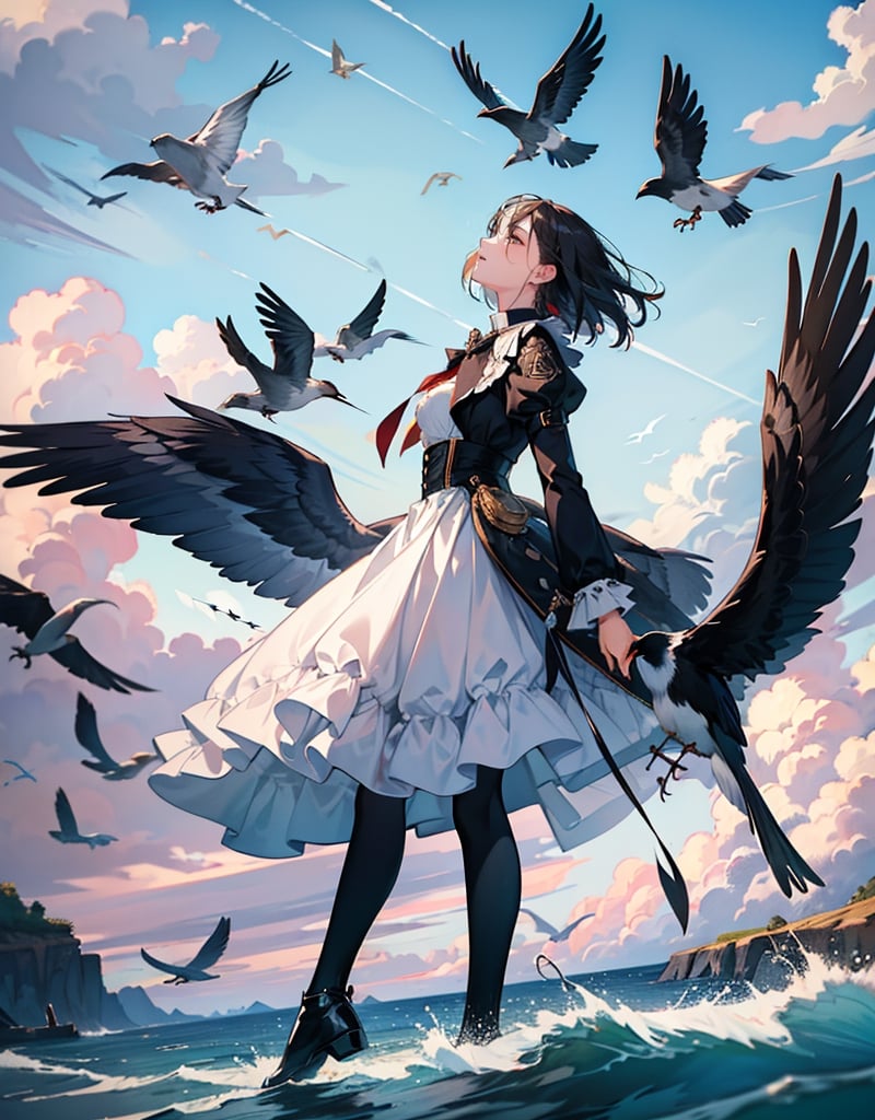 Masterpiece, top quality, high definition, artistic composition, 1 woman, looking up, from side, migrating birds flying, flock of birds, Dutch angle, bold composition, wide shot
