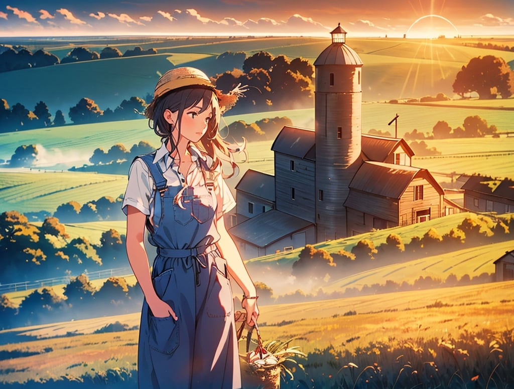 masterpiece, top quality, high definition, artistic composition, 1 girl, work clothes, denim apron, straw hat, driving red tractor, farmstead, morning, morning mist, backlit, dramatic, striking, sleepy, southern beauty, tower silo, pasture, wide shot, landscape, southern USA