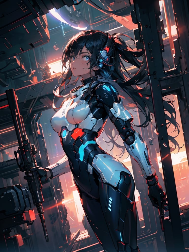 masterpiece, best quality,1 female, weightless, floating, mechanical armor, sexy, gun in hand, spaceship factory in space, space view from inside, dark background, no earth, photo, futuristic, high definition, looking up, artistic composition, dutch angle, science fiction, cyberpunk