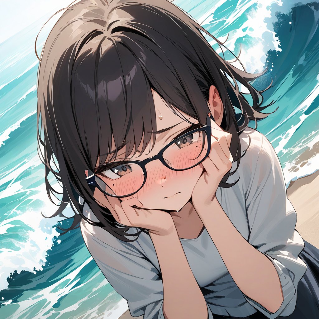 (masterpiece, top quality), high definition, artistic composition, 1 girl, nose blush, from above, POW, panicked, embarrassed, glasses, freckles, dark hair, long bob, messy hair, sweat, (waves hands in front of face), somber casual fashion, park, dramatic, Dutch angle