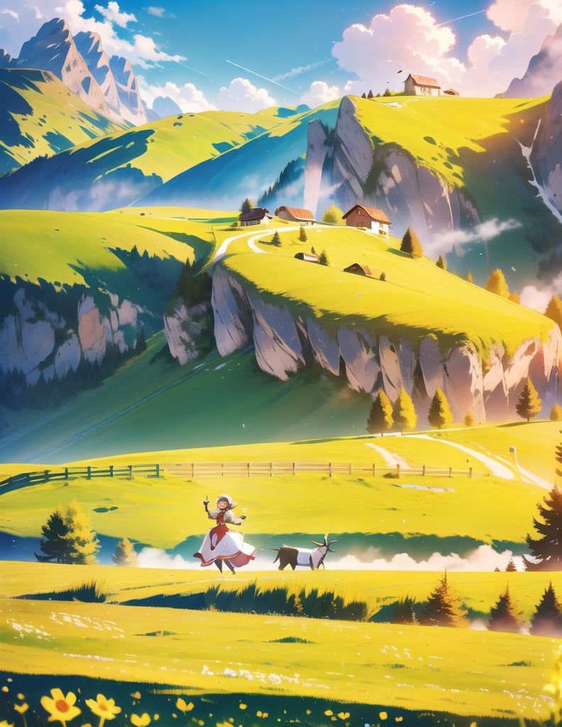 Masterpiece, Top quality, High definition, Artistic composition,1 girl, Swiss mountain pasture, Swiss national dress, Tracht, Appenzell, smiling, running with goats, beautiful nature, mountain slope, energetic, lively, motion blur, bold composition, striking light