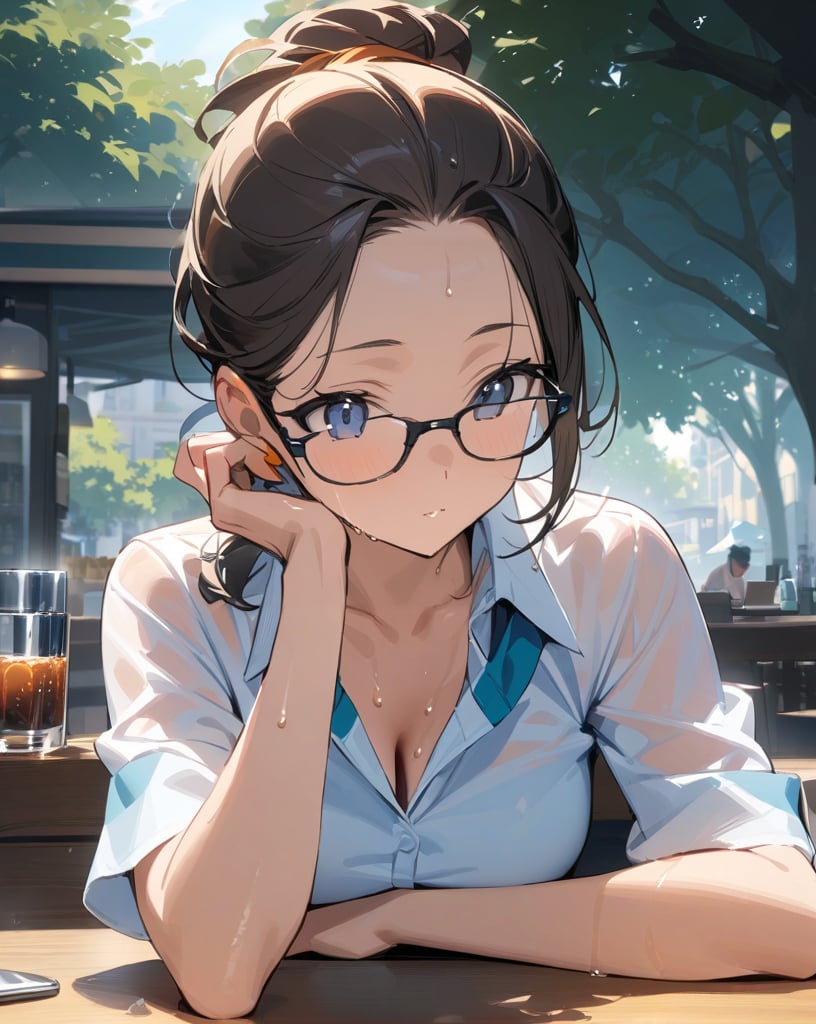 (masterpiece, top quality), high definition, artistic composition, 1 woman, cutter shirt, business suit, no tie, loose collar, hair tied back, cool glasses, open cafe, drinking water from an ice glass, resting, shady tree, urban landscape, summer, portrait, sweaty sweating, handkerchief on table, taking a break from work, looking away