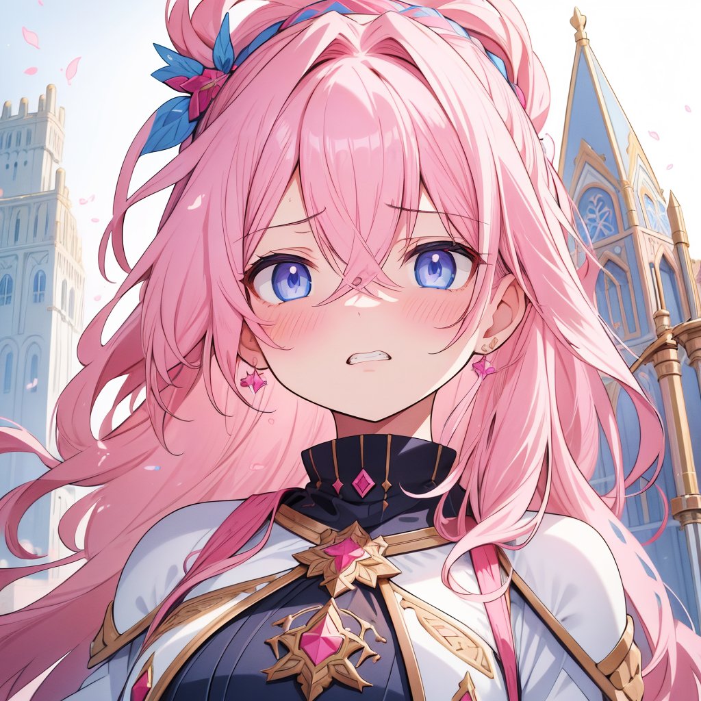 (masterpiece, top quality), high definition, artistic composition, 1 girl, pink wavy hair, hair band, armor, blue eyes, disgusted face, gritted teeth, sweating, close-up of face, from below, fantasy, brick building, looking down, close-up of palm