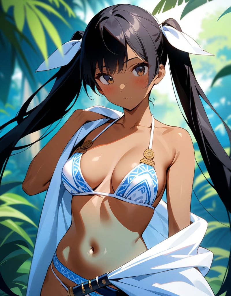 (masterpiece, top quality), high definition, artistic composition, 1 girl, black hair, anime style costume, white cloth ethnic style bikini, navel showing, brown skin, oriental dagger in sheath, twin tails, Southeast Asian Jungle, Blurred Background