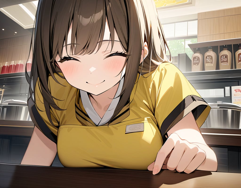 (masterpiece, top quality), high definition, artistic composition, 1 girl, on duty at a family restaurant, smiling, Japanese family restaurant, coffee on table, green and yellow uniform, cute costume, bending forward