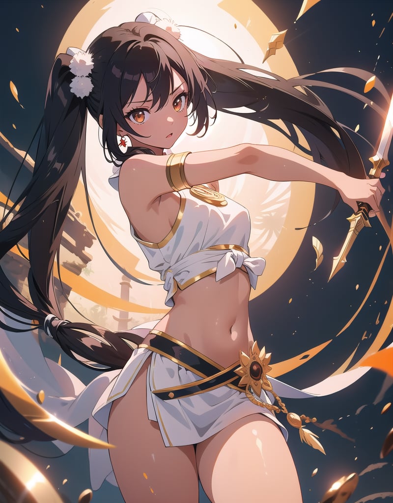 (masterpiece, top quality), high definition, artistic composition, 1 girl, black hair, anime style costume, loose white cloth ethnic style fighting outfit, navel showing, brown skin, oriental dagger in sheath, twin tail, Southeast Asian jungle, blurred background