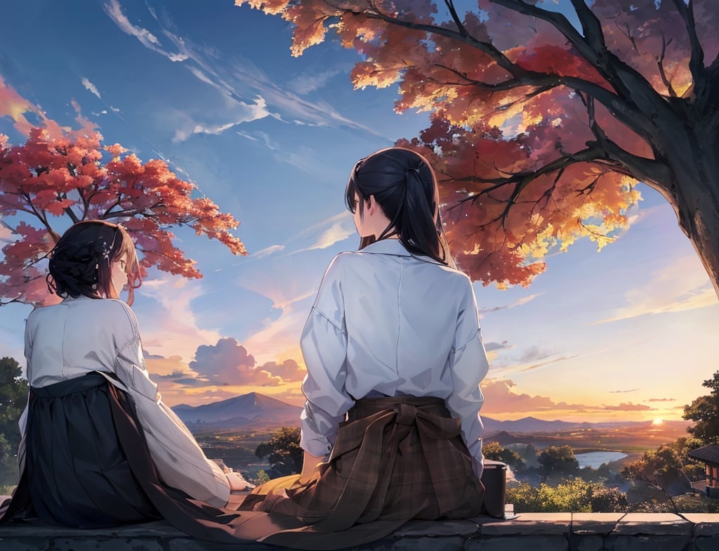 Masterpiece, Top Quality, 2 Girls, Side by Side, One Sitting, Casual Spring Fashion, Back View, Overlooking Japanese Countryside, Stream in Distance, One Large Tree Standing, Sunset, Striking Sky Color, Looking Away, High Definition, Emotional, Large Cloud, Wide Sky