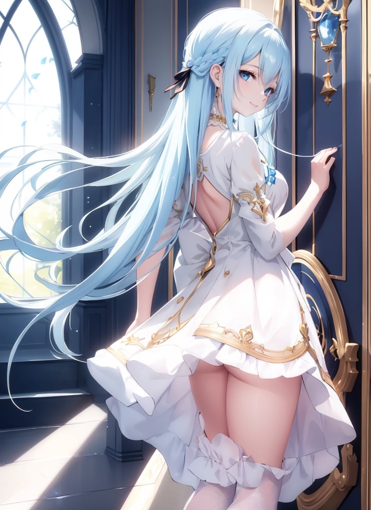 Masterpiece, best quality, 1 girl, gentle smile, body lit, white and blue dress, short skirt, white stockings, anime style fantasy, black and gold choker, red ribbon, light green hair, long hair, blue eyes, fair skin, fantasy, palace, large window behind, standing by window, clothes transparent in light, green outside, blue sky, high definition, artistic angle, back lit, sexy, stair landing, spin around,masterpiece