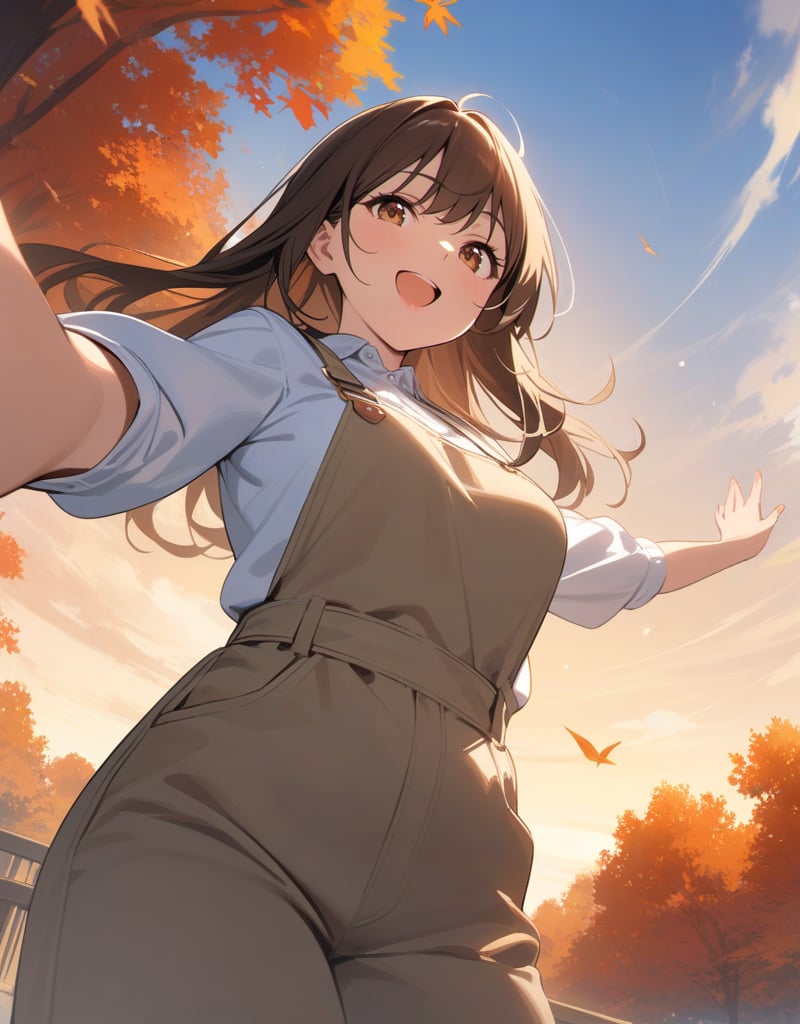 (masterpiece, top quality), high definition, artistic composition, 1 woman, long hair, hands outstretched, white shirt, khaki overalls, frolicking, open mouth smile, spinning, from below, cowboy shot, Dutch angle, autumn sky, fall, country fashion, vibrant