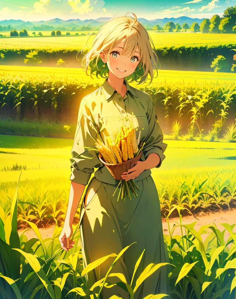 (Masterpiece, Top Quality), High Definition, Artistic Composition, 1 Woman, holding corn in hand, smiling, khaki farm clothes, tall corn seedling, cornfield, green landscape, high contrast, from front, striking light